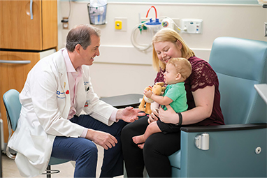 Physician talking with mother and patient