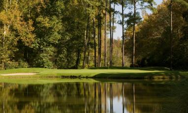 Duke University golf course overlooking water to a hole on the course
